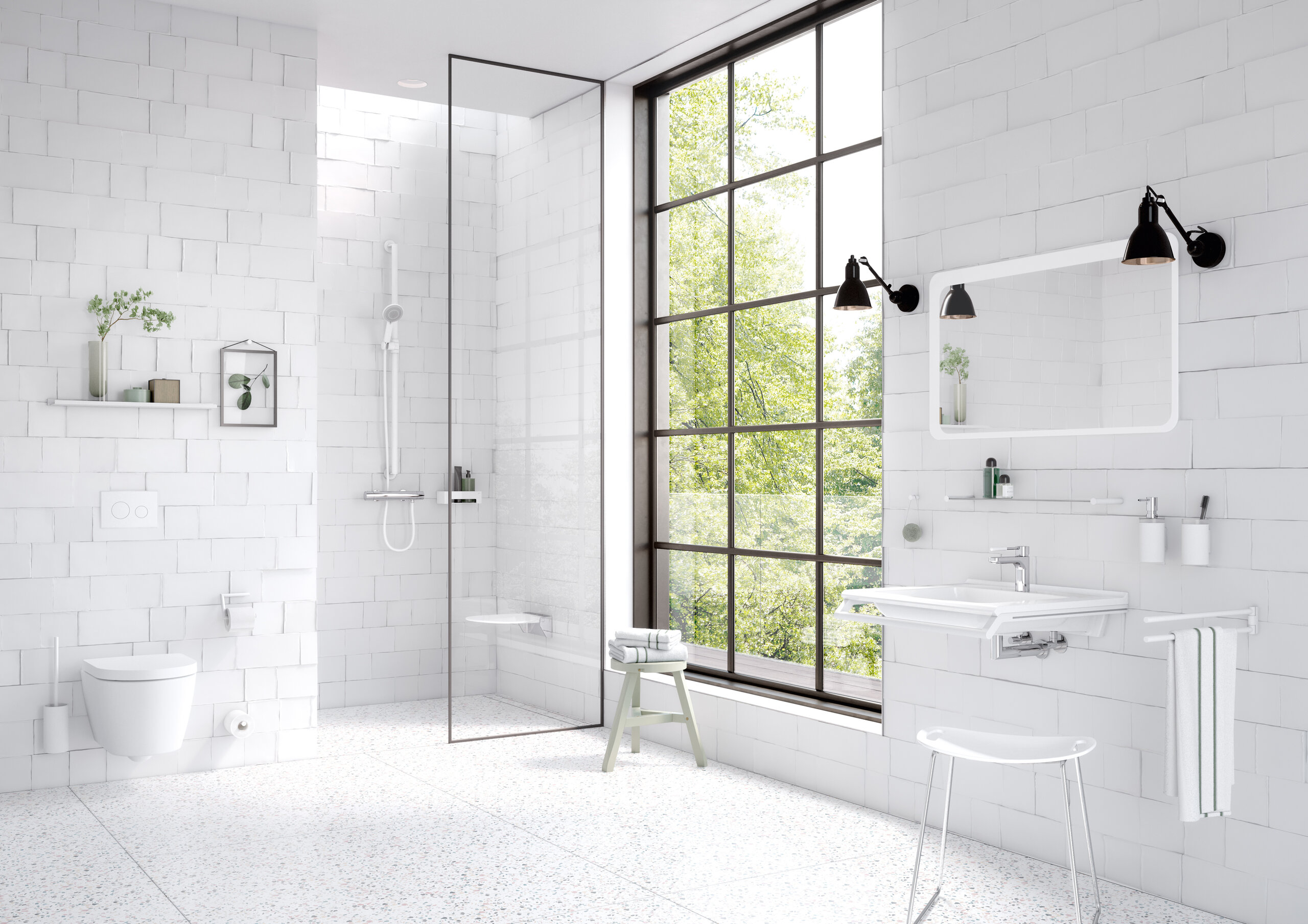 Bathroom, equipped with sanitary accessories such as towel rail, soap dispenser, toilet roll holder in the colour white matt